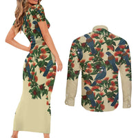 New Zealand Christmas Couples Matching Short Sleeve Bodycon Dress and Long Sleeve Button Shirt Romantic Tui Birds on Pohutukawa - Ivory - Polynesian Pride