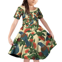 New Zealand Christmas Family Matching Off Shoulder Short Dress and Hawaiian Shirt Romantic Tui Birds on Pohutukawa - Ivory - Polynesian Pride