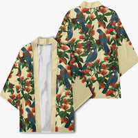 New Zealand Christmas Kimono Romantic Tui Birds on Pohutukawa - Ivory - Polynesian Pride