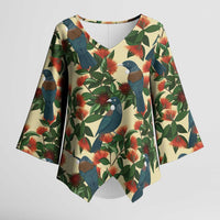 New Zealand Christmas Kimono Sleeve Blouse Romantic Tui Birds on Pohutukawa - Ivory - Polynesian Pride