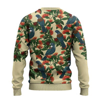 New Zealand Christmas Ugly Christmas Sweater Romantic Tui Birds on Pohutukawa - Ivory - Polynesian Pride