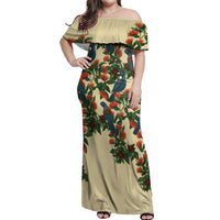 New Zealand Christmas Off Shoulder Maxi Dress Romantic Tui Birds on Pohutukawa - Ivory - Polynesian Pride