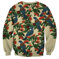 New Zealand Christmas Sweatshirt Romantic Tui Birds on Pohutukawa - Ivory - Polynesian Pride