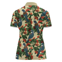 New Zealand Christmas Women Polo Shirt Romantic Tui Birds on Pohutukawa - Ivory - Polynesian Pride