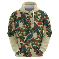 New Zealand Christmas Zip Hoodie Romantic Tui Birds on Pohutukawa - Ivory - Polynesian Pride