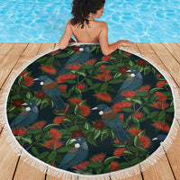 New Zealand Christmas Beach Blanket Romantic Tui Birds on Pohutukawa - Cobalt - Polynesian Pride