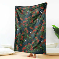 New Zealand Christmas Blanket Romantic Tui Birds on Pohutukawa - Cobalt - Polynesian Pride