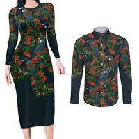 New Zealand Christmas Couples Matching Long Sleeve Bodycon Dress and Long Sleeve Button Shirt Romantic Tui Birds on Pohutukawa - Cobalt - Polynesian Pride