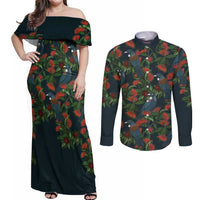 New Zealand Christmas Couples Matching Off Shoulder Maxi Dress and Long Sleeve Button Shirt Romantic Tui Birds on Pohutukawa - Cobalt - Polynesian Pride