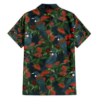 New Zealand Christmas Family Matching Off Shoulder Short Dress and Hawaiian Shirt Romantic Tui Birds on Pohutukawa - Cobalt - Polynesian Pride