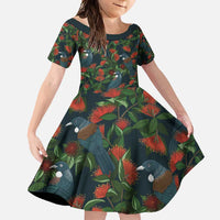 New Zealand Christmas Family Matching Short Sleeve Bodycon Dress and Hawaiian Shirt Romantic Tui Birds on Pohutukawa - Cobalt - Polynesian Pride