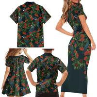 New Zealand Christmas Family Matching Short Sleeve Bodycon Dress and Hawaiian Shirt Romantic Tui Birds on Pohutukawa - Cobalt - Polynesian Pride