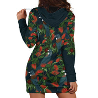 New Zealand Christmas Hoodie Dress Romantic Tui Birds on Pohutukawa - Cobalt - Polynesian Pride