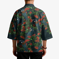 New Zealand Christmas Kimono Romantic Tui Birds on Pohutukawa - Cobalt - Polynesian Pride