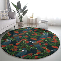 New Zealand Christmas Round Carpet Romantic Tui Birds on Pohutukawa - Cobalt - Polynesian Pride