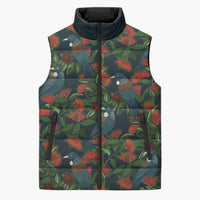 New Zealand Christmas Sleeveless Puffer Jacket Romantic Tui Birds on Pohutukawa - Cobalt - Polynesian Pride