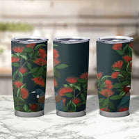 New Zealand Christmas Tumbler Cup Romantic Tui Birds on Pohutukawa - Cobalt - Polynesian Pride