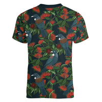 New Zealand Christmas Women V-Neck T-Shirt Romantic Tui Birds on Pohutukawa - Cobalt - Polynesian Pride
