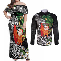 Polynesian Couples Matching Off Shoulder Maxi Dress and Long Sleeve Button Shirt Tropical Santa - Plumeria Black Vintage LT7 Black - Polynesian Pride