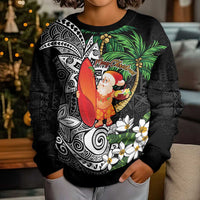 Polynesian Kid Ugly Christmas Sweater Tropical Santa - Plumeria Black Vintage