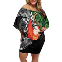 Polynesian Off Shoulder Short Dress Tropical Santa - Plumeria Black Vintage LT7 Women Black - Polynesian Pride