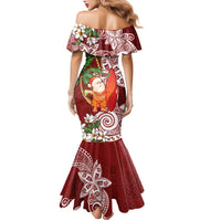 Polynesian Family Matching Mermaid Dress and Hawaiian Shirt Tropical Santa - Plumeria Red Vintage