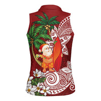 Polynesian Women Sleeveless Polo Shirt Tropical Santa - Plumeria Red Vintage