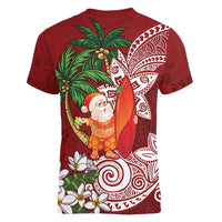 Polynesian Women V-Neck T-Shirt Tropical Santa - Plumeria Red Vintage LT7 - Polynesian Pride