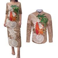Polynesian Couples Matching Puletasi and Long Sleeve Button Shirt Tropical Santa - Plumeria Beige Vintage LT7 Beige - Polynesian Pride