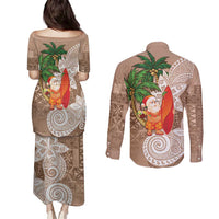 Polynesian Couples Matching Puletasi and Long Sleeve Button Shirt Tropical Santa - Plumeria Beige Vintage LT7 - Polynesian Pride