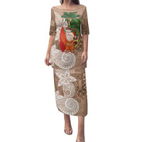 Polynesian Family Matching Puletasi and Hawaiian Shirt Tropical Santa - Plumeria Beige Vintage