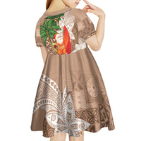 Polynesian Kid Short Sleeve Dress Tropical Santa - Plumeria Beige Vintage