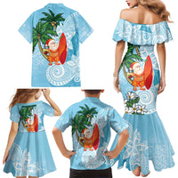 Polynesian Family Matching Mermaid Dress and Hawaiian Shirt Tropical Santa - Plumeria Turquoise Vintage