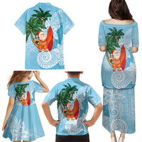 Polynesian Family Matching Puletasi and Hawaiian Shirt Tropical Santa - Plumeria Turquoise Vintage