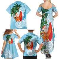 Polynesian Family Matching Summer Maxi Dress and Hawaiian Shirt Tropical Santa - Plumeria Turquoise Vintage