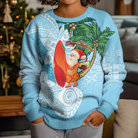 Polynesian Kid Ugly Christmas Sweater Tropical Santa - Plumeria Turquoise Vintage