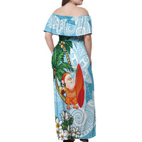 Polynesian Off Shoulder Maxi Dress Tropical Santa - Plumeria Turquoise Vintage LT7 - Polynesian Pride