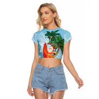 Polynesian Raglan Cropped T Shirt Tropical Santa - Plumeria Turquoise Vintage LT7 Female Turquoise - Polynesian Pride