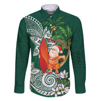Polynesian Family Matching Off The Shoulder Long Sleeve Dress and Hawaiian Shirt Tropical Santa - Plumeria Green Vintage