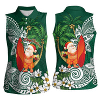 Polynesian Women Sleeveless Polo Shirt Tropical Santa - Plumeria Green Vintage