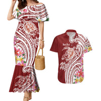 Aloha Hawaii Island Personalized Couples Matching Mermaid Dress and Hawaiian Shirt Crimson Dreamy Turtle LT7 Red - Polynesian Pride