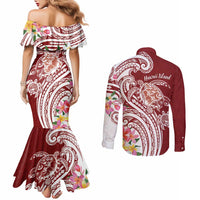 Aloha Hawaii Island Personalized Couples Matching Mermaid Dress and Long Sleeve Button Shirt Crimson Dreamy Turtle LT7 - Polynesian Pride