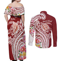 Aloha Hawaii Island Personalized Couples Matching Off Shoulder Maxi Dress and Long Sleeve Button Shirt Crimson Dreamy Turtle LT7 - Polynesian Pride