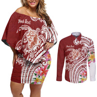 Aloha Hawaii Island Personalized Couples Matching Off Shoulder Short Dress and Long Sleeve Button Shirt Crimson Dreamy Turtle LT7 Red - Polynesian Pride