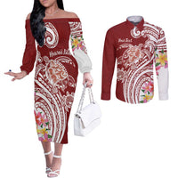 Aloha Hawaii Island Personalized Couples Matching Off The Shoulder Long Sleeve Dress and Long Sleeve Button Shirt Crimson Dreamy Turtle LT7 Red - Polynesian Pride