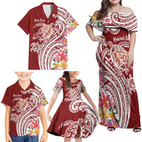 Aloha Hawaii Island Personalized Family Matching Off Shoulder Maxi Dress and Hawaiian Shirt Crimson Dreamy Turtle