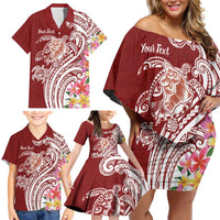 Aloha Hawaii Island Personalized Family Matching Off Shoulder Short Dress and Hawaiian Shirt Crimson Dreamy Turtle