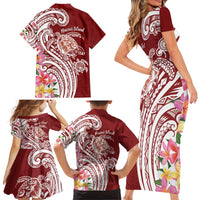 Aloha Hawaii Island Personalized Family Matching Short Sleeve Bodycon Dress and Hawaiian Shirt Crimson Dreamy Turtle