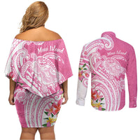 Aloha Maui Island Personalized Couples Matching Off Shoulder Short Dress and Long Sleeve Button Shirt Rose Dreamy Turtle LT7 - Polynesian Pride
