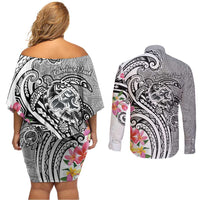 Aloha Kahoolawe Island Personalized Couples Matching Off Shoulder Short Dress and Long Sleeve Button Shirt Ashen Dreamy Turtle LT7 - Polynesian Pride